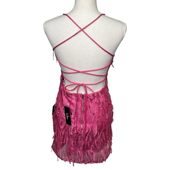 New Lulus Dress Womens M Making Magic Fringe Lace Up Mini Overlay Bright Pink - Picture 11 of 16